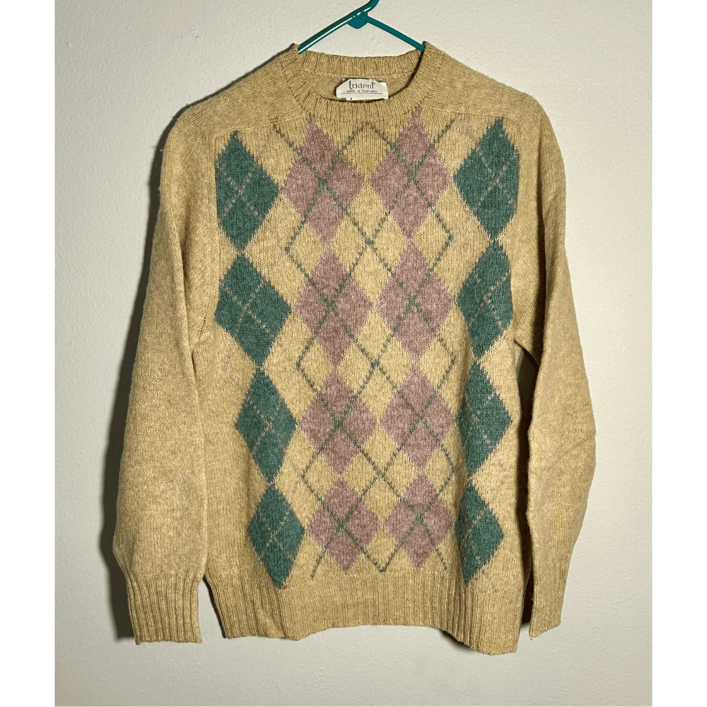 Vintage Trident 100% Shetland Wool Tan Teal Purple Argyle Scotland Sz XL